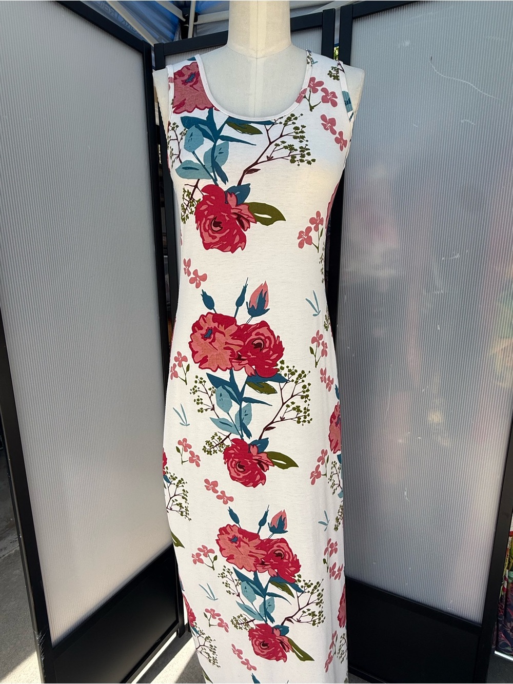 LuLaRoe Sleeveless White Floral Maxi Dress with Pink Rose Print